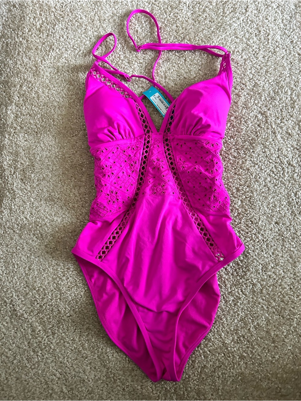 OP Bright Pink Women One-Piece Swimsuit with Lace Cutouts